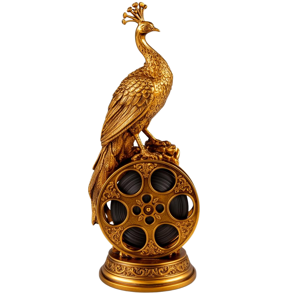 Golden peacock award statue with film reel